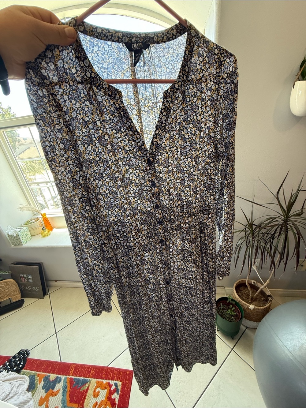 Chaps Navy and White Floral Button-Front Long Sleeve Midi Dress